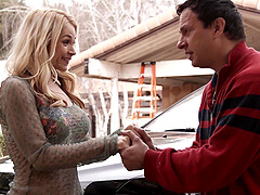 Tattooed lover fucks blonde Sarah Vandella and gives her a cumshot