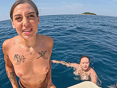 Lesbian sex of two young beauties on the yacht in real life