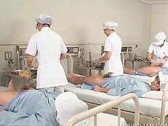 Asian nurses slurping cum out of loaded shafts in group