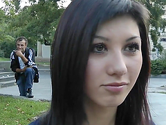 Slim brunette gets fucked by some guy in the street