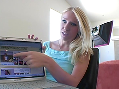 Slim blonde Allie has fun in her room and rubs her vag with a bottle