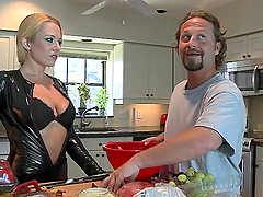Blonde MILF in a leather bodysuit gets nailed in a kitchen