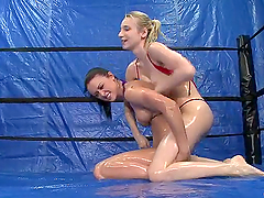 Four sexy chicks get oiled up and go lesbian