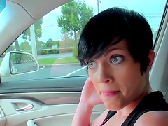 Short-haired brunette gets banged on a lawn in POV video