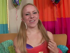 Pigtailed blonde Anaya Lee sucks a dick before jumping on it