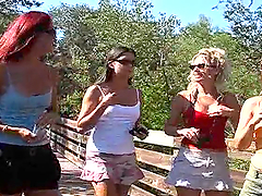 Four awesome girls lick one another's pussies indoors