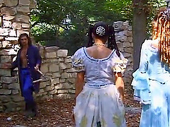 Horny ladies are fucked silly by a guy in an outdoors threesome