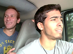 Brilliant gay with short hair giving huge dick blowjob in the car