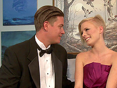 Short-haired blonde Elaina Raye enjoys riding a cock