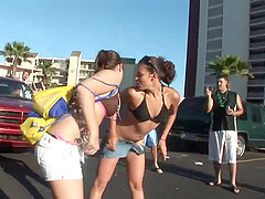 Sexy amateur babes in bikini in the outdoor street party