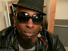 Black gay stud with facial piercing jerks off hardcore