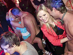 Fancy babes getting nailed hardcore in a group sex at a party captured in a close up shoot