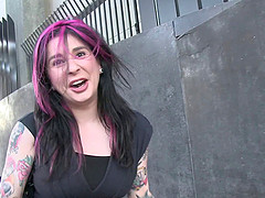 In a bathroom a got chick gags on a cock and swallows his load