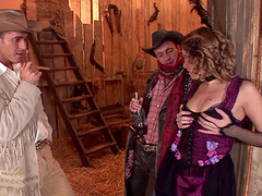 Cowboys share a pretty prostitute and double penetrate her