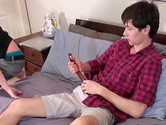 He is giving him a handjob as he thrusts in his anal