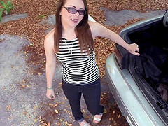 Cute nerd girl sucks and fucks the pawn shop guy with a big cock