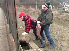 Wild cougar with a shaved pussy enjoying a hardcore fuck in public