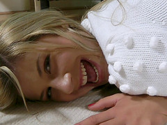long haired blonde drilling her anal with a toy as a hard cock throbs her pussy