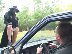 Babe with a hairy cunt picked up and fucked in the car by an old guy