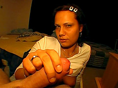 Cute brunette with great juggs playing with her boyfriend's cock