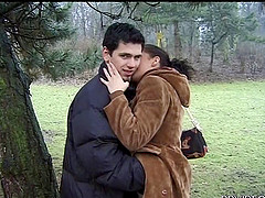 Bending a slut over and fucking her pussy in a public park