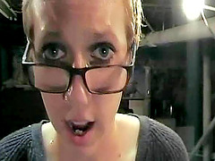 Blonde nerd blows the police officer and bends over for his dick