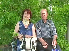 Chubby granny in a neck brace fucks her husband by the lake