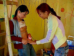 Lovely lesbian room mates fucking with toys hardcore
