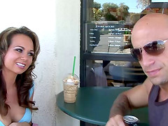 Bald dude nails her doggystyle then nuts all over her big tits