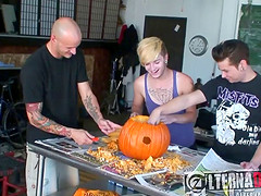 Two guys in costumes fucking a slutty bottom dude in his tight ass