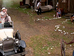 Outdoor orgy fucking with beauties in vintage dresses and lingerie