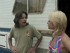 Blonde trailer slut gets ass fucked by two men outdoors