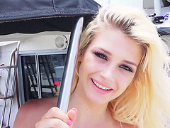 Aubrey sunbathes on the boat then fucks below deck