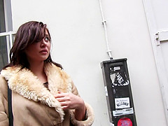 Fur trimmed coat cutie gives a public BJ and fucks her man