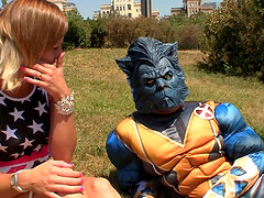 Man in costume picks up a skinny chick and screws her hard
