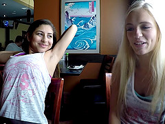 Chicks try on sexy bras and panties before going out to eat