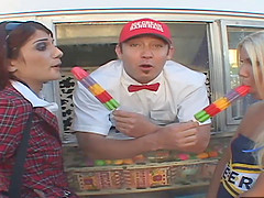 Two sexy demoiselles ride the dick and receive the facial cumshots