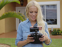 Blonde with a perfect body allows the bald guy to screw her pussy hard