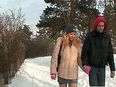Blonde wife warms stranger's cock in the snow