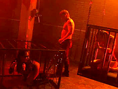 Caged busty slaves get their tight cunts fucked by their master