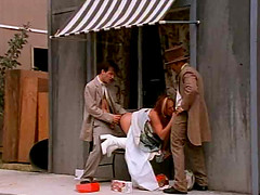 Renee La Rue riding big cock while giving out blowjob in group sex