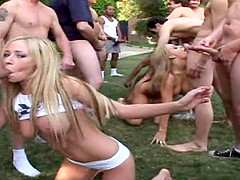 Chicks of all skin colors doing some cock riding in the backyard