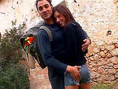 Chick in a jeans shorts is curious about a hunk's fat cock