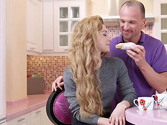 Sonia Sweet is with her boyfriend in the kitchen when she gets horny