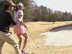 Japanese cutie in pink polo shirt and matching hat gets her pussy pleasured by vibrators