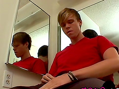 Horny blond twink Colby Bonds jerking his big cock for jizz