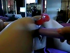MILF takes toys in her brown fuck holes