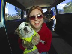 Cute redhead slut Ashley gives a nasty car blowjob