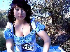 Busty brunette girlfriend dresses up and gets fucked outdooors