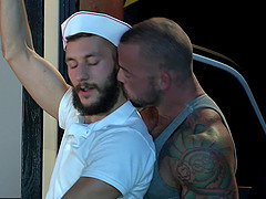 Hardcore gay threesome with fast food workers after their shift